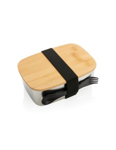 Rustfrit stål madkasse med bambuslåg og "spork" 2