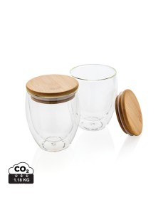 Dobbelt væg borosilikat glas med bambus låg 250ml, 2 stk.